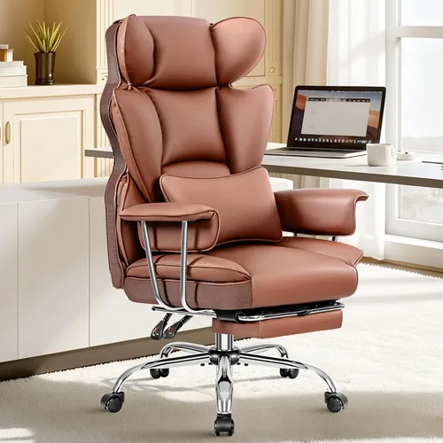 ALLGOD Silla de oficina cómoda, silla ejecutiva grande y alta, silla ancha ergonómica de respaldo alto con reposapiés, silla de escritorio Marrón