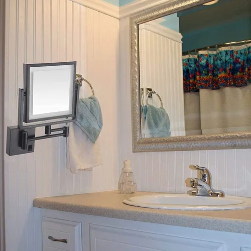 Miniatura 5 de Espejo de tocador LED de maquillaje, cuadrado de doble cara iluminado espejo cosmético montado en la pared, espejos de baño, cableados, negro, 8