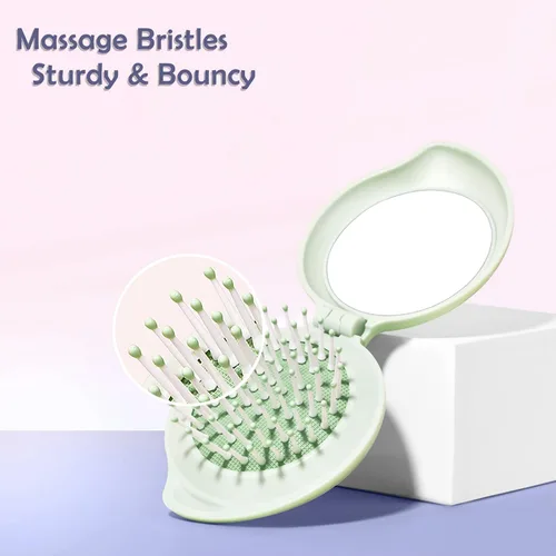 Miniatura 3 de Cepillo de pelo con espejo, juego de espejo compacto y mini cepillo de pelo, cepillo plegable para mujer, regalos para mujer, verde