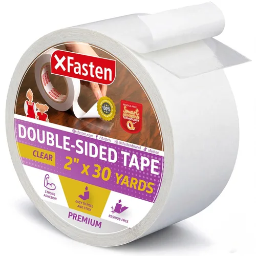 XFasten Cinta de doble cara transparente, extraíble, 2 pulgadas por 30 yardas, ideal como cinta de envoltura de regalo, para sostener alfombras y