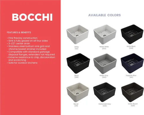 Miniatura 6 de BOCCHI Classico Farmhouse Fregadero de cocina de arcilla refractaria con frente de delantal de 20 pulgadas, un solo tazón con rejilla protectora