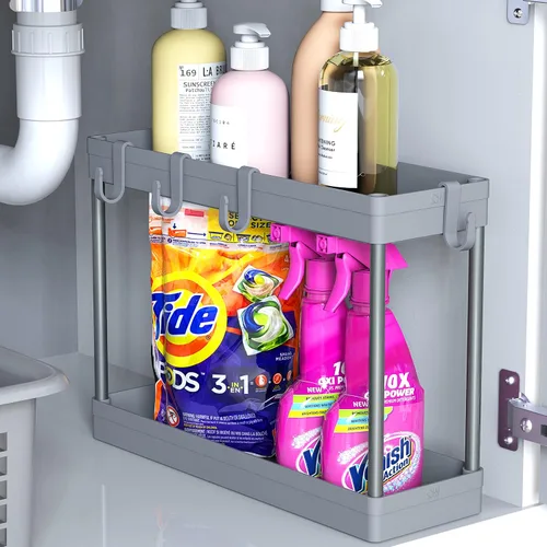 Miniatura 8 de Simple Houseware Bandeja organizadora de 2 niveles para debajo del fregadero con ganchos, color negro