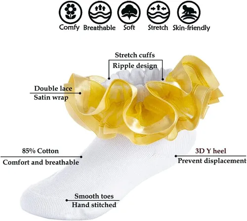 Miniatura 35 de Dicry Calcetines de encaje doble para niñas pequeñas con puños ondulados y volantes grandes para bebés y niños