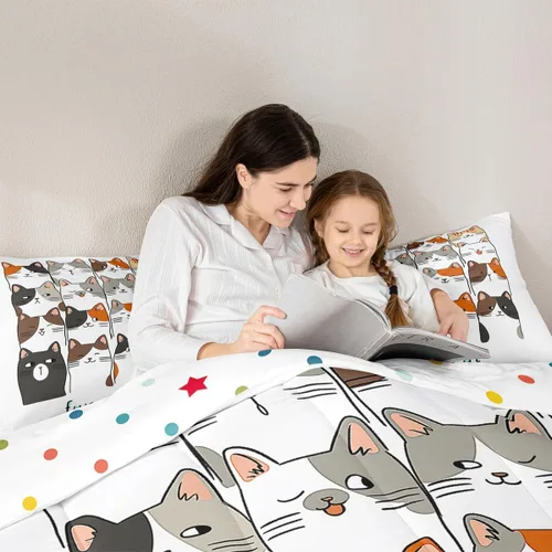 Miniatura 26 de Erosebridal Juego de ropa de cama para niños, tamaño individual, diseño de gatos de dibujos animados, para niñas, niños y adolescentes, edredón
