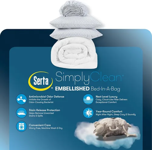 Miniatura 8 de SERTA Simply Clean - Cama plisada ligera de 5 piezas en una bolsa para todas las estaciones, tamaño individual/individual XL, azul celeste