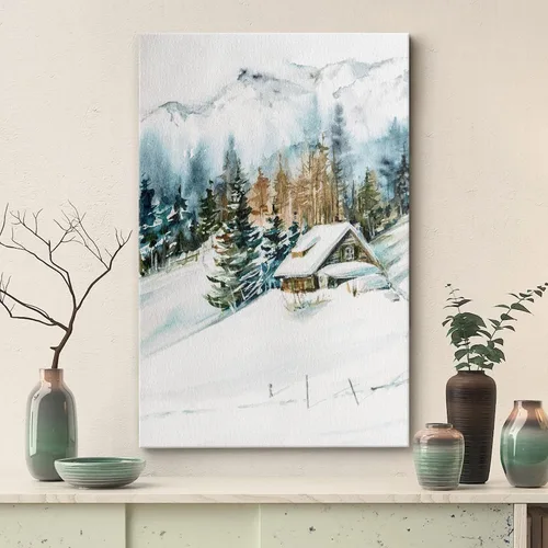 Miniatura 3 de SIGNWIN Lienzo impreso para pared, diseño de bosque y guardería, cabaña de troncos, invierno, nieve, montaña, bosque, ilustraciones de naturaleza