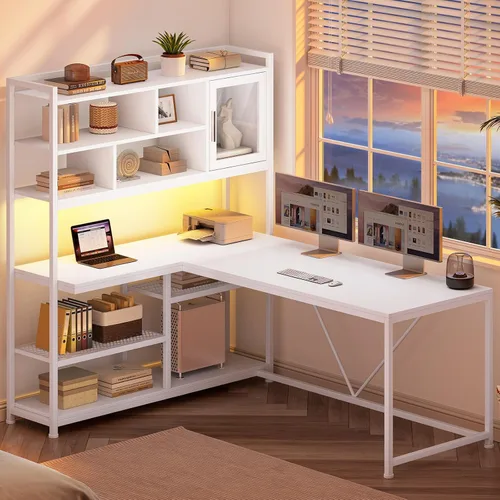 Miniatura 3 de SEDETA Escritorio para Computadora en Forma de L, Escritorio de Oficina de 58'' con Luz LED y Estantería, Escritorio de Esquina en Forma de L