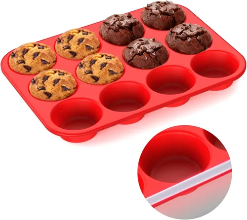 Molde de silicona para muffins para hornear: Molde para muffins de 12 cavidades con marco reforzado de metal, moldes de tamaño regular para cupcakes