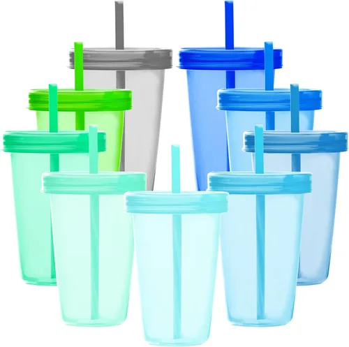 Miniatura 5 de Youngever 9 juegos de vasos de plástico de 16 onzas con tapas y pajitas, vasos de plástico reutilizables con pajitas (colores arcoíris)