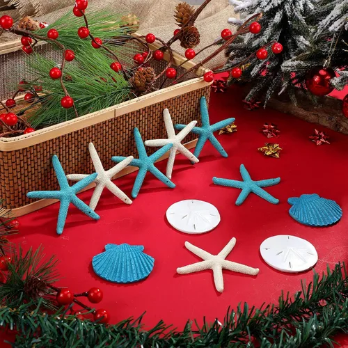 Miniatura 2 de Chuangdi 20 adornos de resina de estrella de mar de concha de mar, decoraciones colgantes con cuerda y cinta azul para verano, playa, boda, fiesta