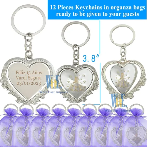 Miniatura 2 de 12 piezas personalizado Quinceañera Recuerdos Para Quinceañera Corazón llaveros Dulce 16 Quinceañera Púrpura