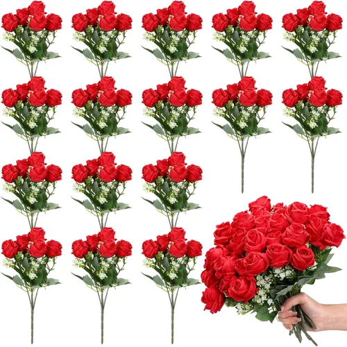 Jexine Paquete de 16 ramos de rosas artificiales de seda falsas a granel para dama de honor, novia, boda, fiesta, jarrón floral (rojo)