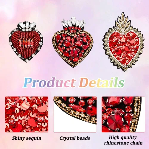 Miniatura 3 de INFUNLY 3 piezas de parches de cuentas de diamantes de imitación de corazón de cristal rojo, parches decorativos hechos a mano con apliques