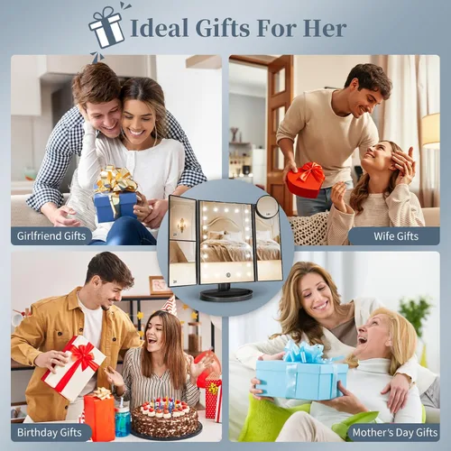 Miniatura 5 de HUONUL Espejo de Maquillaje de Tocador con Luces, Aumento 2X 3X 10X, Control Táctil, Espejo Tríptico, Fuente de Alimentación Doble, Regalos