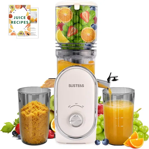 SUSTEAS Exprimidor de Prensa Fría, Conducto de Alimentación de 5.3", Máquinas de Masticación Lenta con 300W, Se Adapta a Frutas y Verduras Enteras,