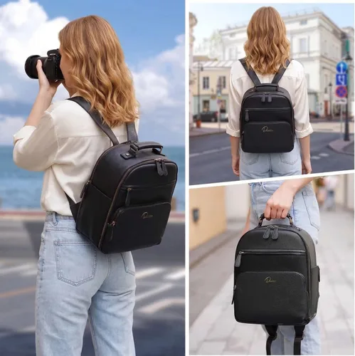 Miniatura 8 de Mochila pequeña para cámara clásica de cuero PU para DSLR, bolsa profesional para fotógrafos con compartimento para almohadilla/tableta de 11