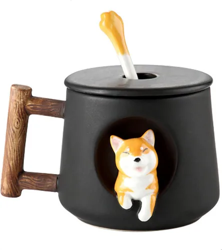 Miniatura 8 de Taza de Pareja de Perros Linda, Taza de Café de Cerámica con Tapa, Patas en la Parte Superior de la Cuchara, Bonito Diseño Tridimensional de Shiba