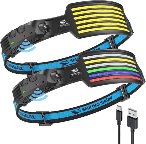 Miniatura 9 de Smiling Shark Linterna frontal recargable, paquete de 2 unidades, ángulo amplio, 6 luces blancas, la lámpara de cabeza LED más brillante con sensor