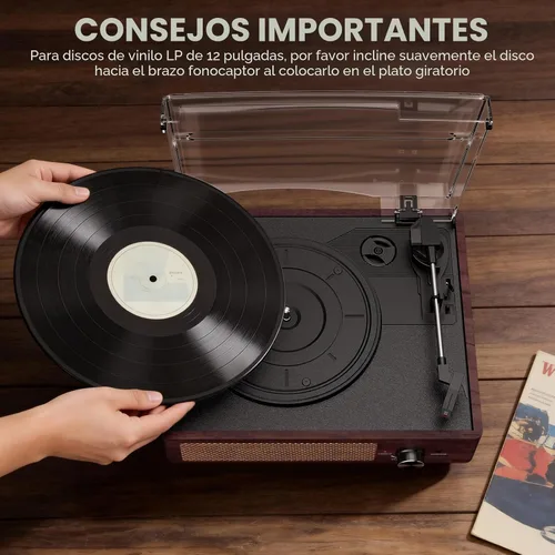 Miniatura 5 de Tocadiscos de vinilo con receptor Bluetooth incorporado y 2 altavoces estéreo, tocadiscos retro portátil de 3 velocidades y 3 tamaños para el Marrón