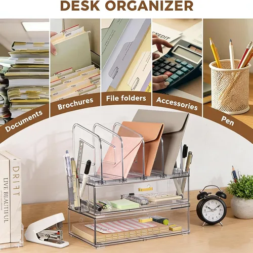 Miniatura 4 de LALOBLUE Organizador de Escritorio de Acrílico con Cajón, Suministros de Oficina, Almacenamiento de Organización, Organizador de 2 Cajones con 4