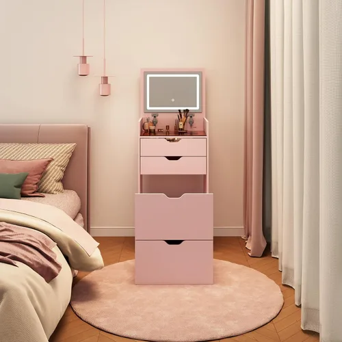 Miniatura 7 de Escritorio de tocador 3 en 1 para dormitorio con espejo iluminado superior abatible, tocador de maquillaje compacto de 17.9 pulgadas con 3 cajones