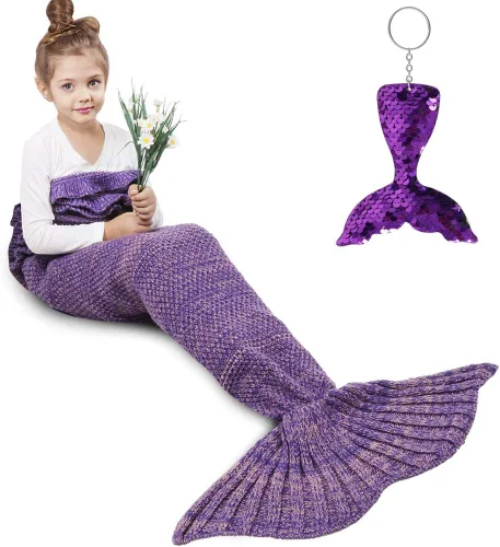 Miniatura 16 de AmyHomie Manta de cola de sirena, manta para niños, saco de dormir de sirena de ganchillo, regalo de sirena para niñas (azul claro, niños)