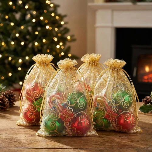 Miniatura 5 de Bolsas de organza doradas, 100 bolsas de organza transparente, bolsa de malla dorada con cordón de 3 x 4 pulgadas, bolsas de regalo impresas