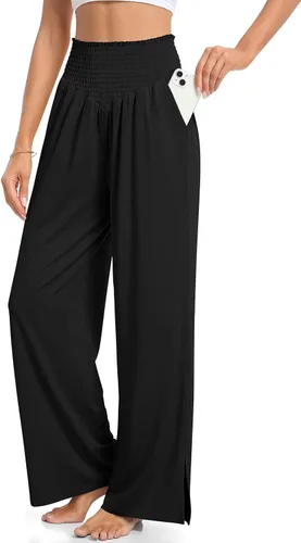 Miniatura 3 de UEU Pantalones holgados casuales de pierna ancha para mujer, pantalones deportivos de yoga de cintura alta, pantalones palazzo con abertura lateral