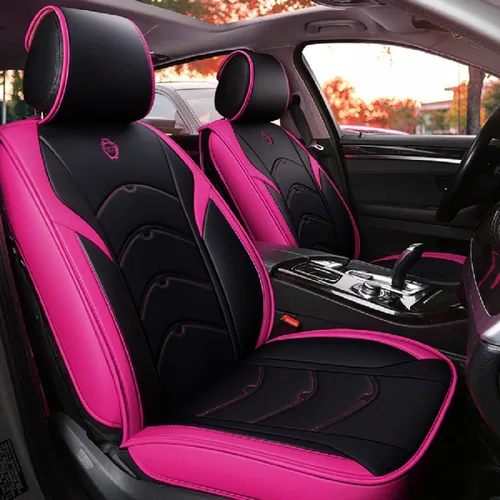 Juego completo de fundas de asiento de piel para cuatro estaciones, diseño de oso de dibujos animados, 5 asientos, ajuste universal (negro y rosa)