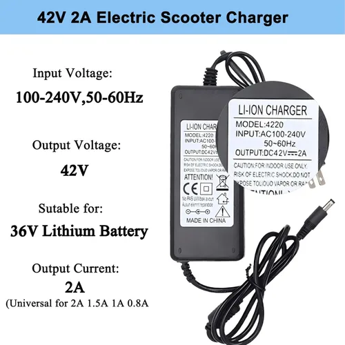Miniatura 3 de Cargador eléctrico de scooter de 42 V 2 A para baterías de litio de 36 V, cable de carga con 4 enchufes, compatible con adaptador de corriente