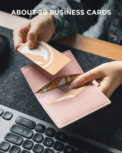 Miniatura 4 de VULKIT - Porta tarjetas de visita de cuero, organizador delgado de 2 lados para tarjetas de nombre de negocios para hombres o mujeres, Rosa