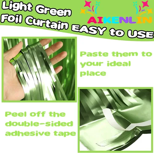 Miniatura 3 de Paquete de 4 cortinas de flecos de papel de aluminio de color verde claro de 3.2 pies x 9.8 pies, cortinas de flecos metálicos de oropel