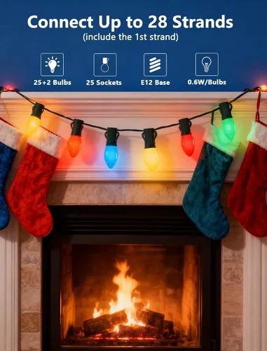 Miniatura 3 de Tira de luces LED de Navidad para exteriores, de 50 pies, cadena de luces C7 con 27 bombillas multicolor de cerámica de 0.6 W, luces de Navidad