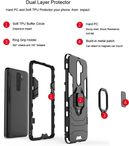 Miniatura 3 de Funda para Xiaomi Redmi Note 8 Pro con protector de pantalla de vidrio templado híbrido resistente Armadura protectora con soporte de anillo de 360