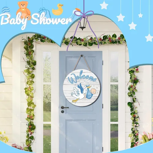 Miniatura 4 de Chunful Letrero de bienvenida para puerta de bebé niño, decoración redonda de madera rústica, decoración de casa de campo, decoración de puerta