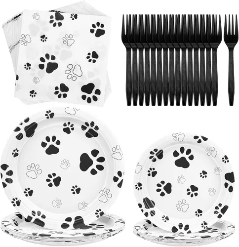 Miniatura 8 de durony 72 piezas de suministros de fiesta de cumpleaños con estampado de patas de perro, incluyen 32 platos, 24 servilletas y 16 tenedores, huellas