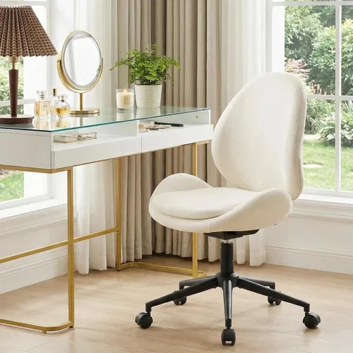 Miniatura 9 de Furniliving Silla de escritorio de felpilla sin brazos con ruedas, silla tapizada de oficina en casa con cojín de doble capa, silla giratoria Blanco