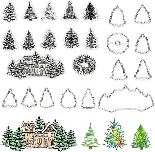 Hying Sellos y troqueles para árbol de Navidad para hacer tarjetas, corona de casa de Navidad troqueles y sellos transparentes para diario de