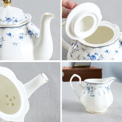 Miniatura 2 de fanquare Juego de té de porcelana de rosa azul, tetera floral británica con tazas de té, juego de fiesta de té para mujer para 6