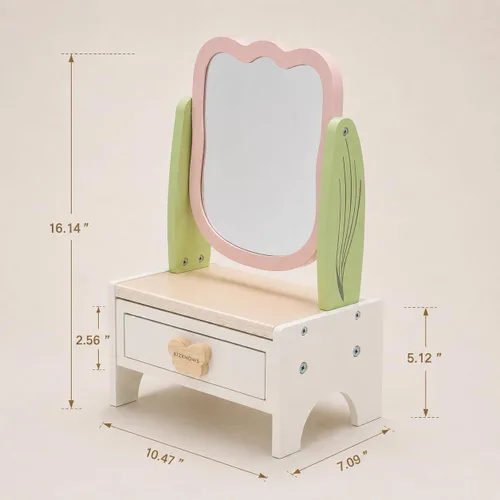 Miniatura 2 de Juego de maquillaje de madera para niños, juego de salón de belleza con espejo giratorio y espejo pequeño desmontable, juguetes de mesa de tocador
