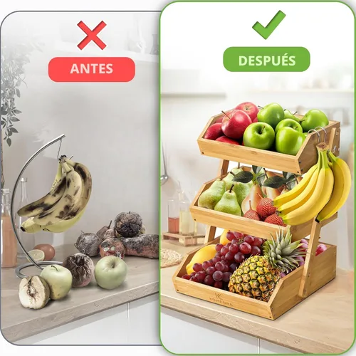 Miniatura 3 de KOMFORA Cesta de frutas de bambú de 3 niveles – Cesta de productos premium para cocina con 2 ganchos – Soporte duradero y fácil de montar
