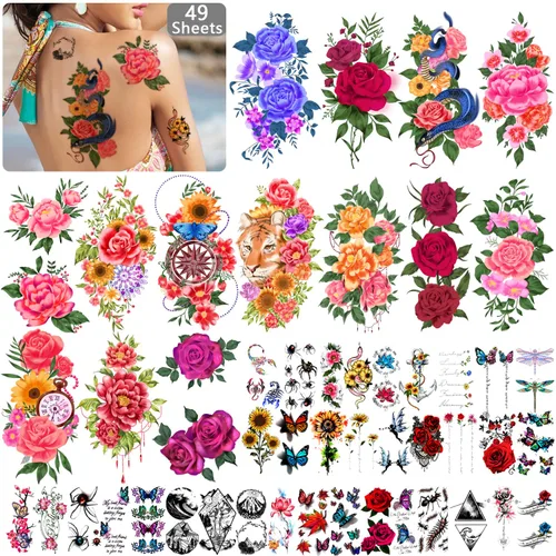Yazhiji 49 hojas de tatuajes temporales para mujeres y hombres 3D extra grandes, impermeables, sexy, flores, kits de tatuajes falsos Color flower