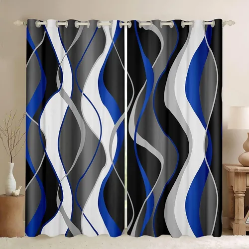 Miniatura 30 de Manfei Cortinas opacas negras de panal de abeja con luces de neón azul real, tratamientos de ventana con estampado geométrico hexagonal, decoración