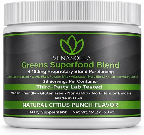 Polvo Super Greens - Sabor a ponche cítrico - Hecho con ingredientes vegetales orgánicos, espirulina, fibra prebiótica, cultivo probiótico y