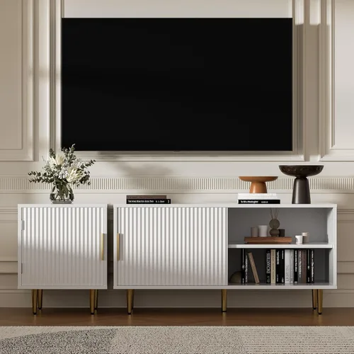Miniatura 3 de Housoul Soporte de TV moderno combinado para TV de 55/60/65 pulgadas, pequeño centro de entretenimiento acanalado con estante ajustable, soporte