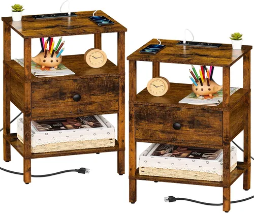Miniatura 16 de Lerliuo Mesita de noche con estación de carga y puertos USB, mesa auxiliar de almacenamiento de 3 niveles con cajón y estante, mesita de noche