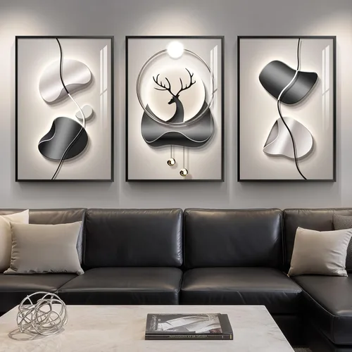 Miniatura 18 de Juego de arte moderno enmarcado de 3 piezas, arte abstracto de líneas geométricas en blanco y negro, pinturas artísticas de lujo contemporáneas