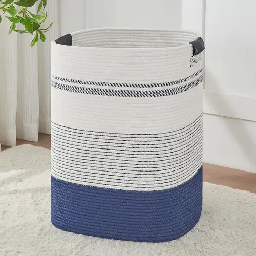 Miniatura 10 de AINUOQI Cesta de Ropa Sucia Grande Cesta de Lavandería con Asas de Cuero, Cesta de Almacenamiento Decorativa de Cuerda de Algodón Tejida para Yute