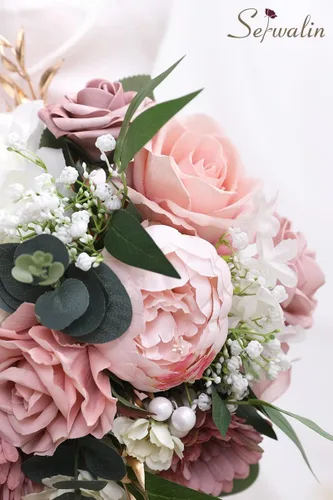 Miniatura 5 de Serwalin Ramos de boda de 9.8 pulgadas para novia y dama de honor, peonías rosa empolvado, ramos de flores de novia para boda, ramo de lanzamiento