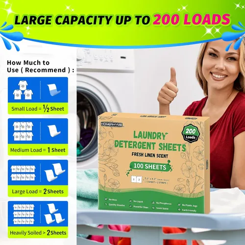 Miniatura 4 de Sábanas de detergente para ropa – Aroma de lino fresco, 200 cargas (100 hojas), sin plástico para viajes, dormitorios, hogar, apartamentos